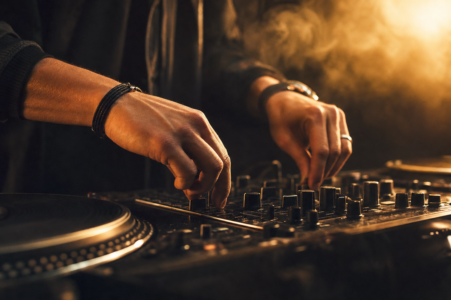 Close-up of DJ U2Smooth mixing on a professional controller with warm stage lighting